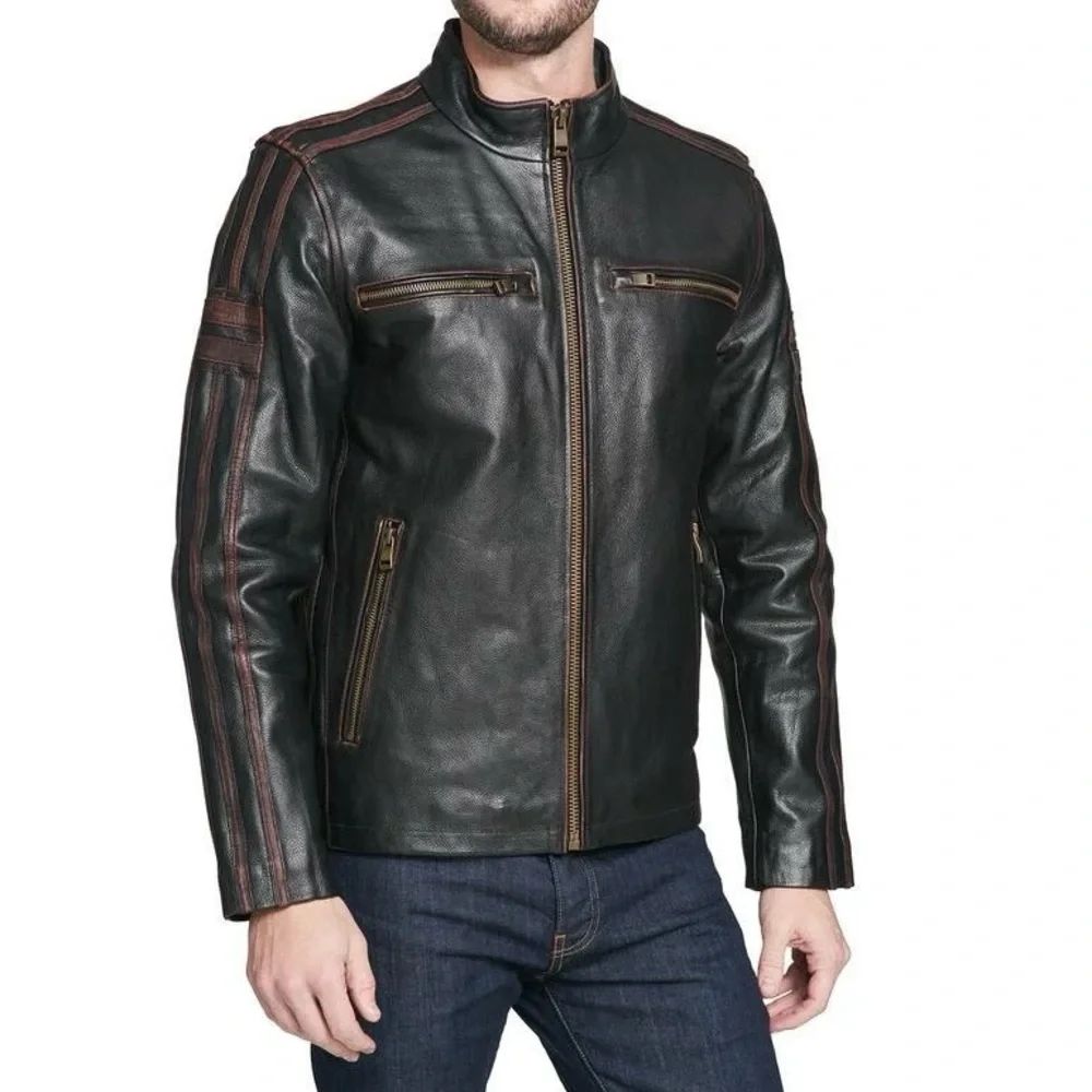 Men's Black Rivet Genuine Leather Jacket - Picture 1 of 6